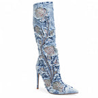 Paleturquoise Cetraro Denim Stiletto Boots close-up detail