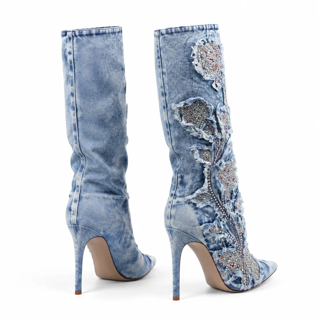 Paleturquoise Cetraro Denim Stiletto Boots heel detail