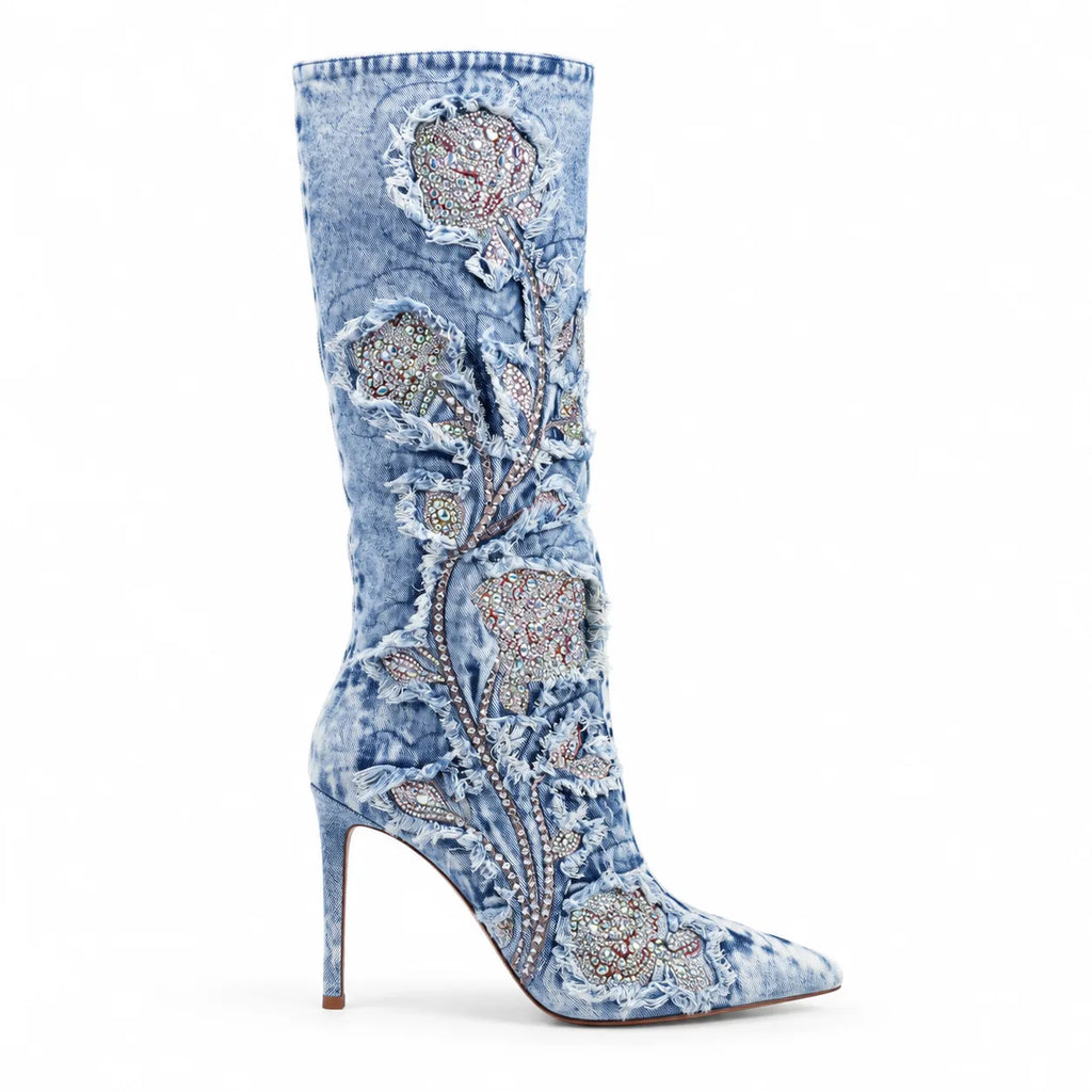 Paleturquoise Cetraro Denim Stiletto Boots side view