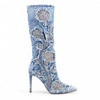 Paleturquoise Cetraro Denim Stiletto Boots side view