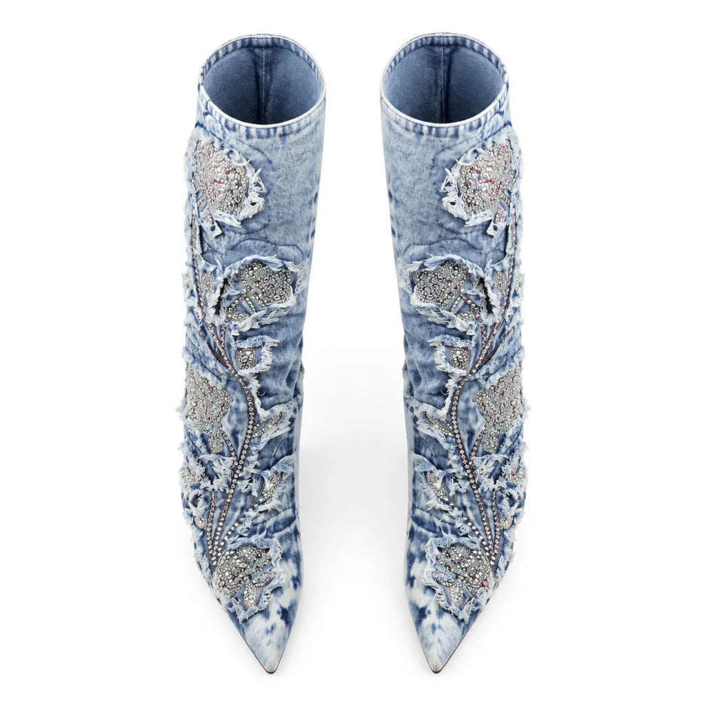 Paleturquoise Cetraro Denim Stiletto Boots top view