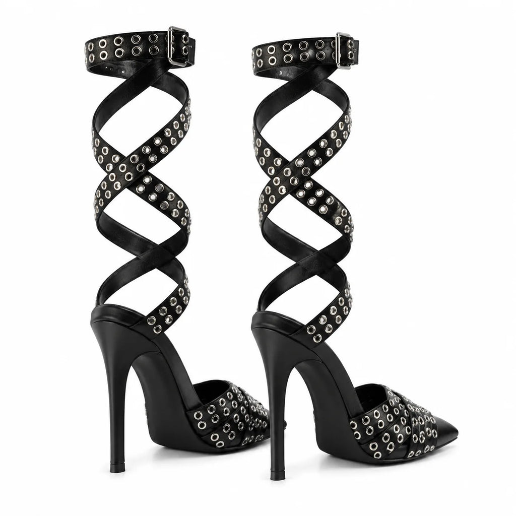 Deep Black Bobbio Leather Sandals heel detail