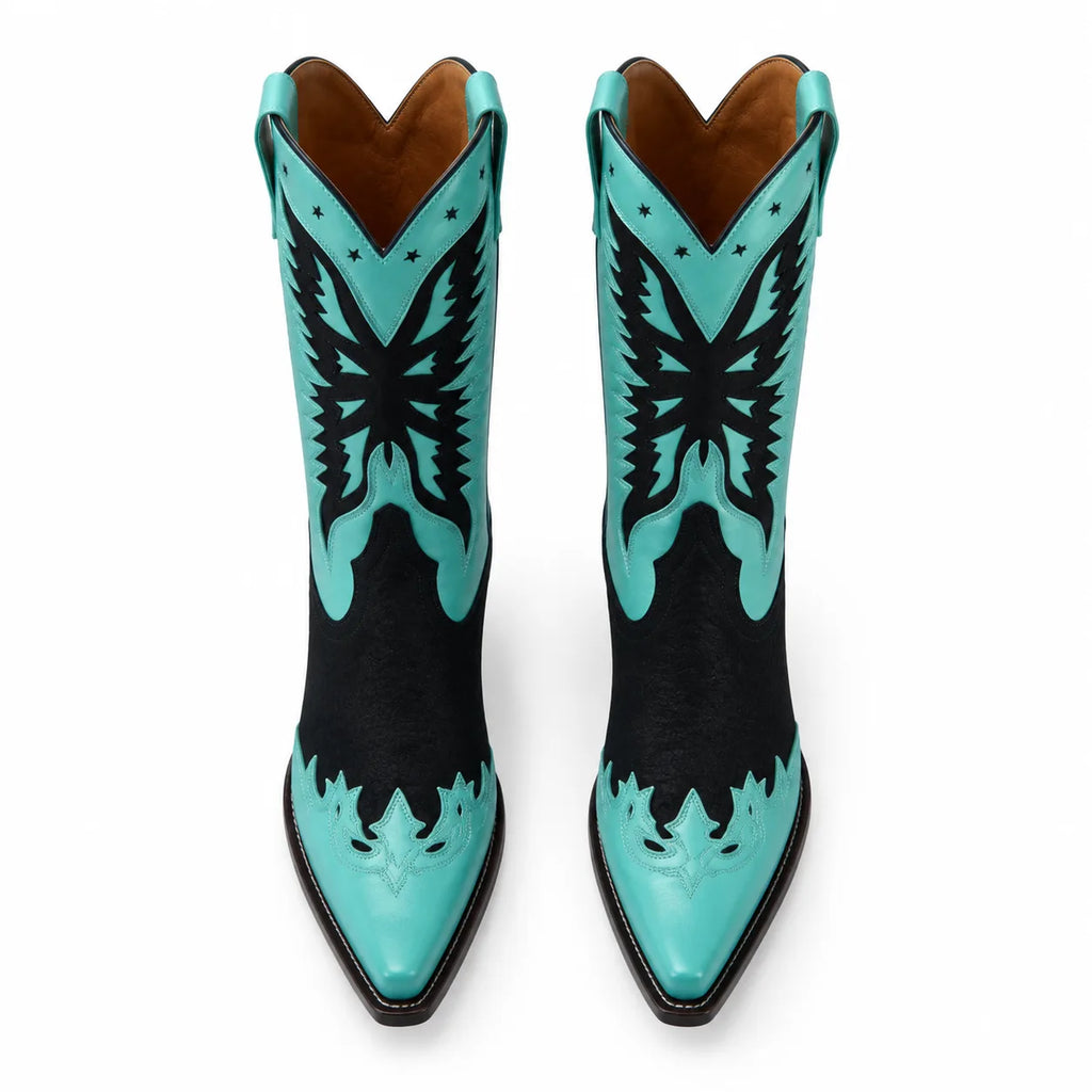 Hazy Blue Sapri Leather Block-Heel Boots top view