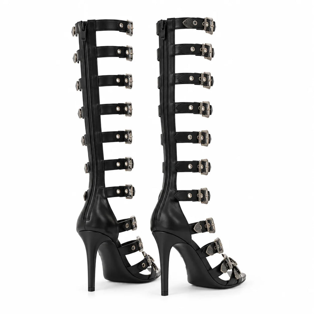 Deep Black Dozza Leather Gladiator Sandals heel detail
