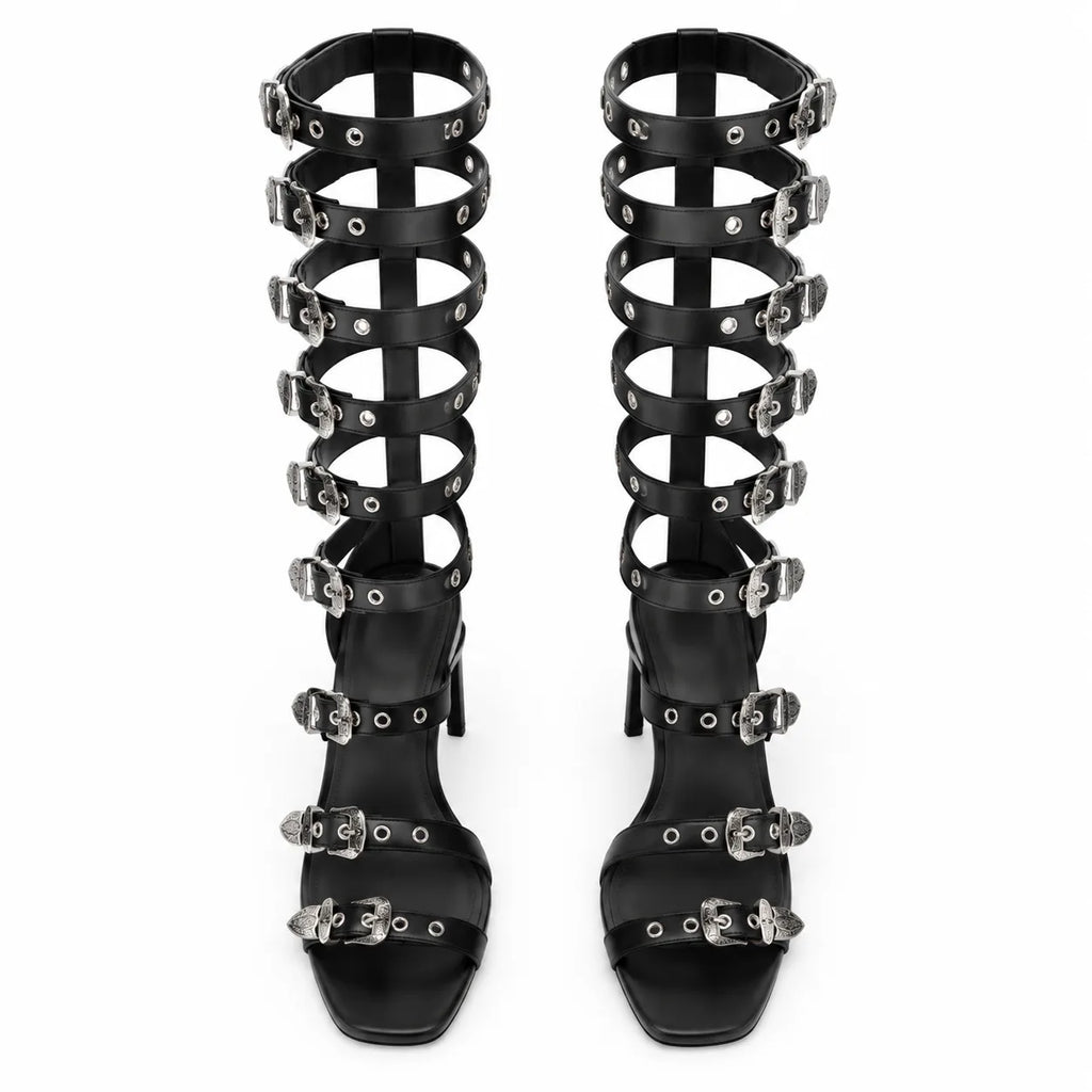 Deep Black Dozza Leather Gladiator Sandals top view