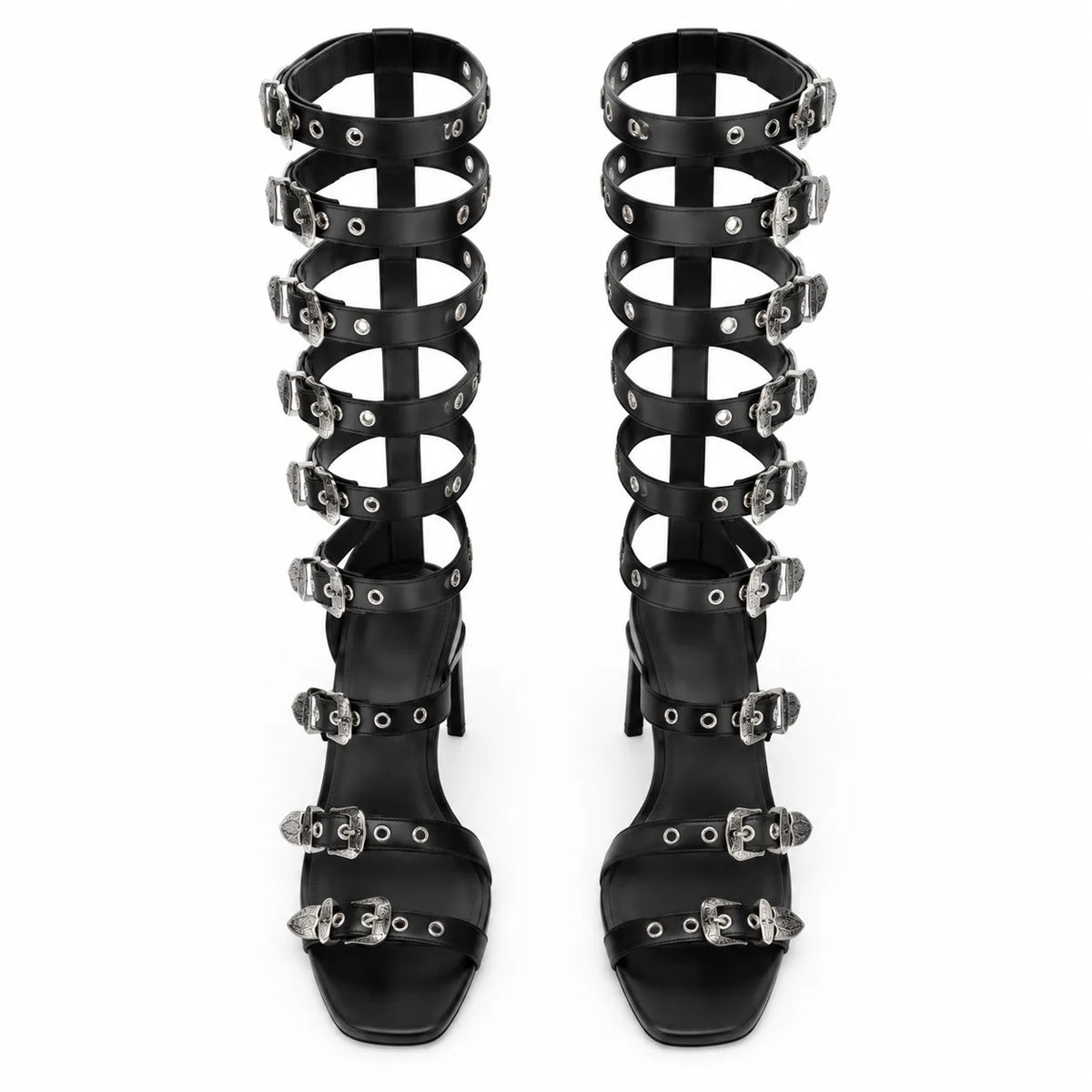 Deep Black Dozza Leather Gladiator Sandals top view