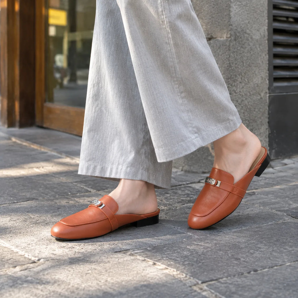 Burnt Orange Montalcino Leather Mules on-foot view