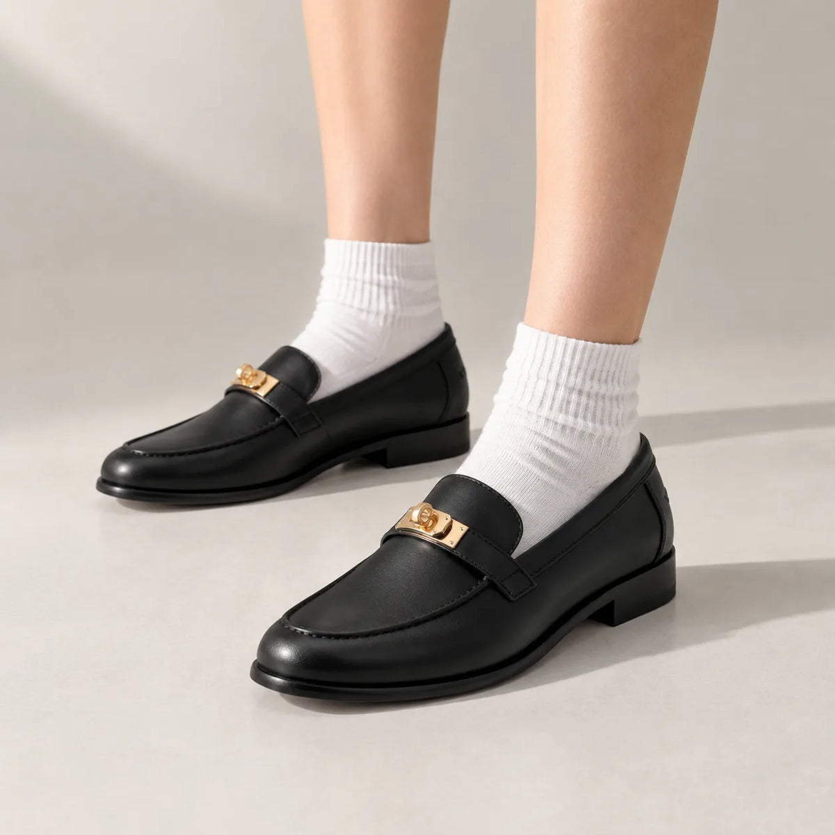 Deep Black Poppi Leather Loafers on-foot view