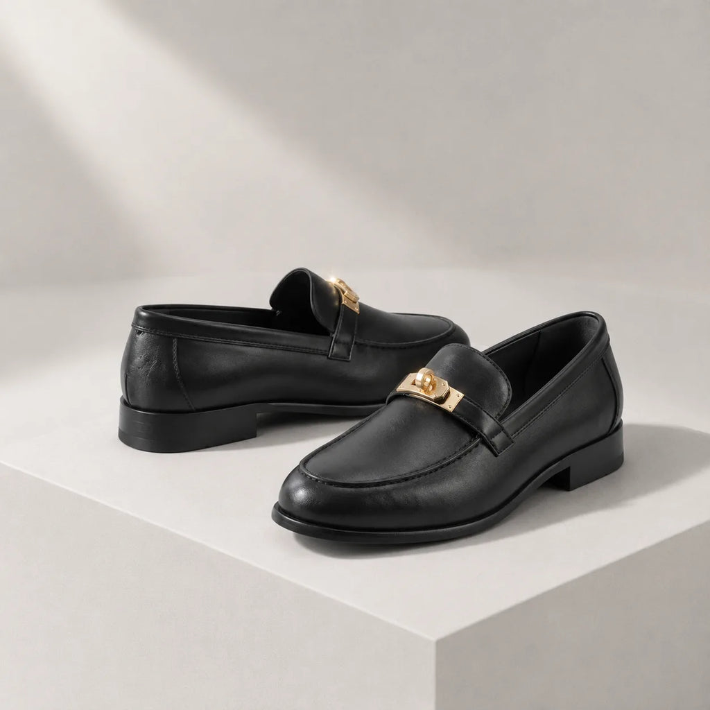 Deep Black Poppi Leather Loafers styled scene