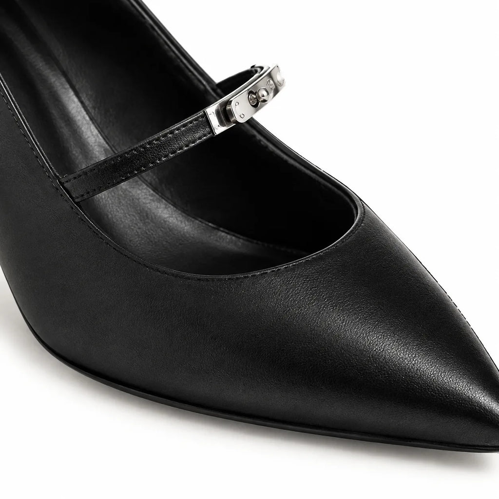 Deep Black Lemnos Leather Kitten-Heel Pumps close-up detail