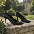 Deep Black Lemnos Leather Kitten-Heel Pumps styled scene