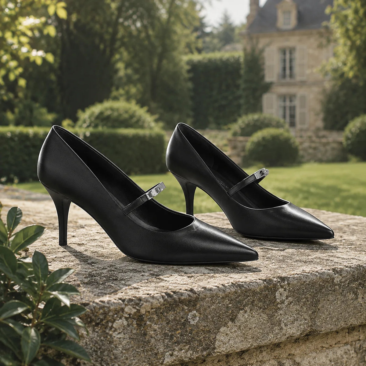 Deep Black Lemnos Leather Kitten-Heel Pumps styled scene