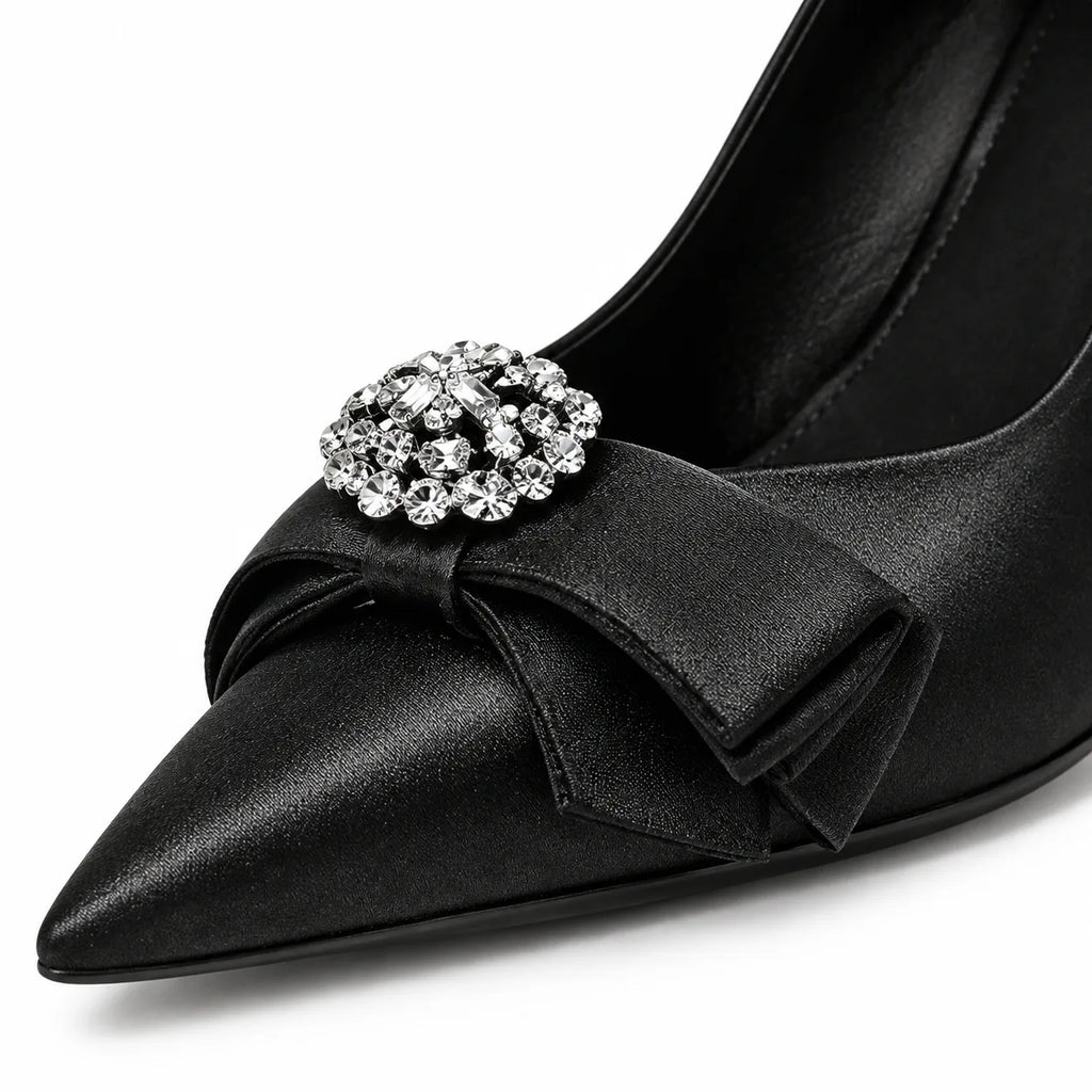 Black Satin Oia Crystal Stiletto Pumps close-up detail