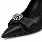 Black Satin Oia Crystal Stiletto Pumps close-up detail