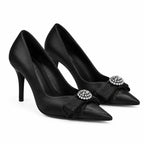 Black Satin Oia Crystal Stiletto Pumps