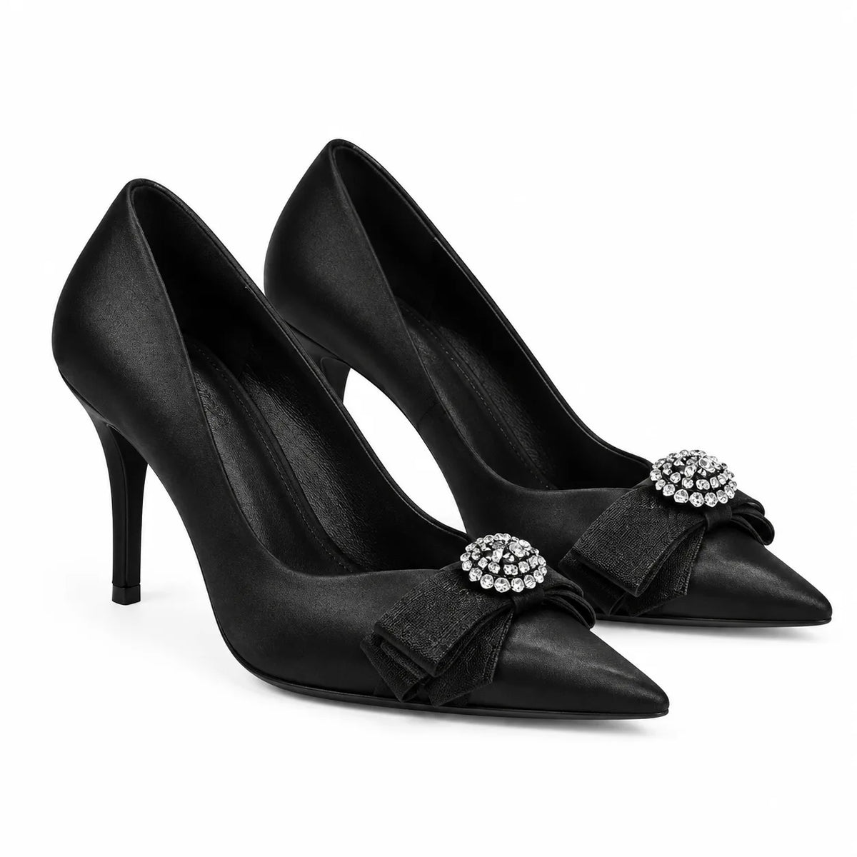 Black Satin Oia Crystal Stiletto Pumps