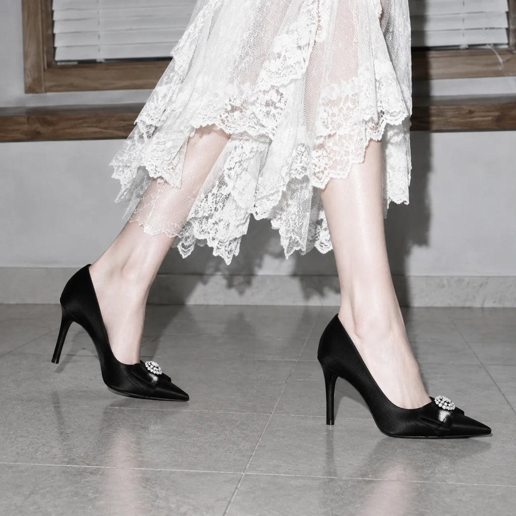 Black Satin Oia Crystal Stiletto Pumps on-foot view
