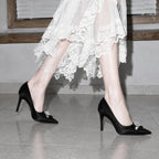 Black Satin Oia Crystal Stiletto Pumps on-foot view