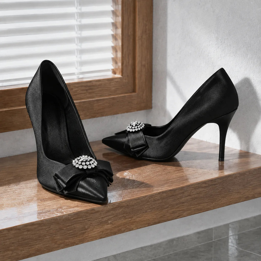 Black Satin Oia Crystal Stiletto Pumps styled scene