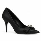 Black Satin Oia Crystal Stiletto Pumps side view