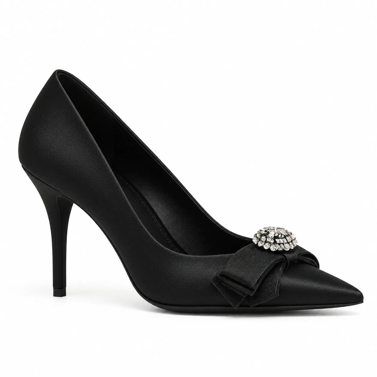 Black Satin Oia Crystal Stiletto Pumps side view