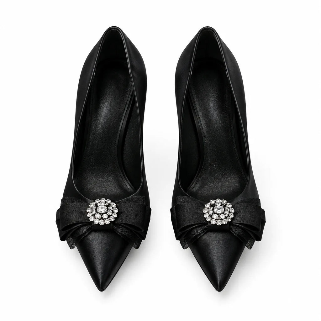 Black Satin Oia Crystal Stiletto Pumps top view