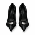 Black Satin Oia Crystal Stiletto Pumps top view