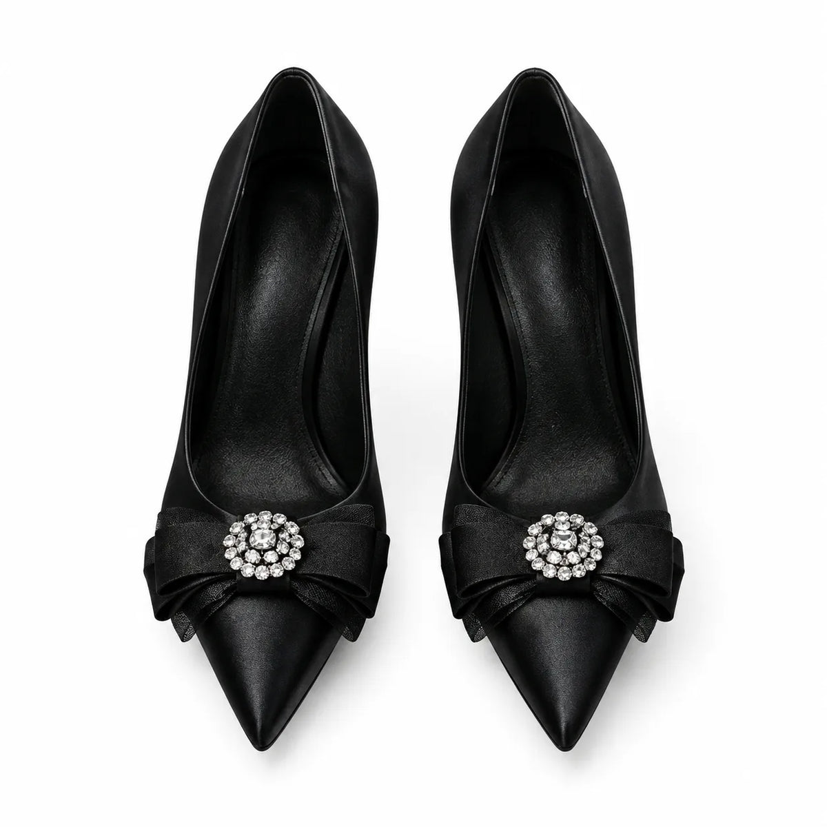 Black Satin Oia Crystal Stiletto Pumps top view