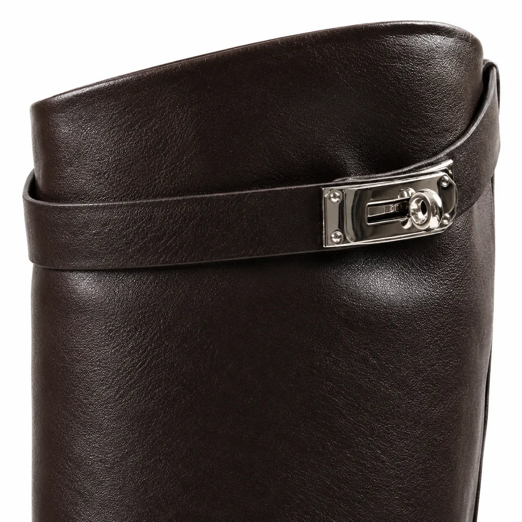Dark Chocolate Syros Leather Knee-High Boots close-up detail