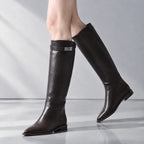 Dark Chocolate Syros Leather Knee-High Boots on-foot view