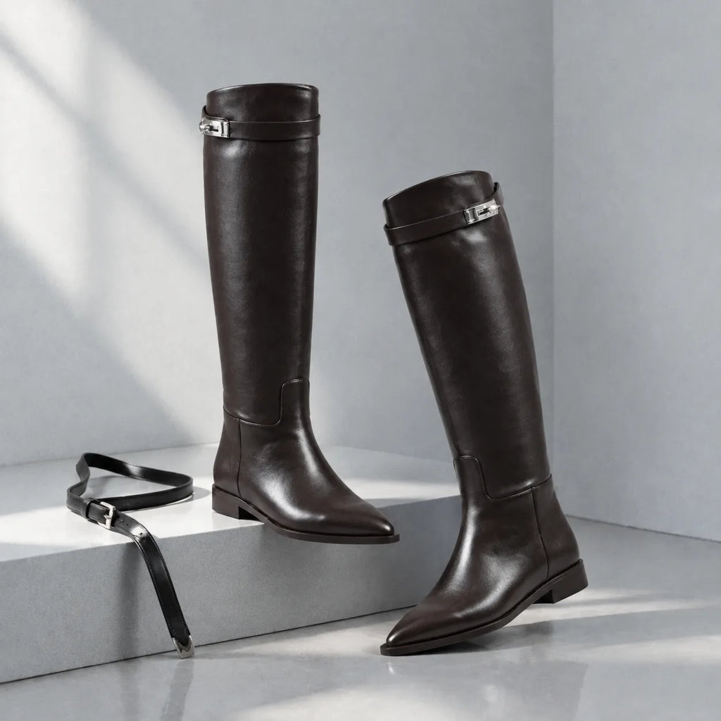 Dark Chocolate Syros Leather Knee-High Boots styled scene