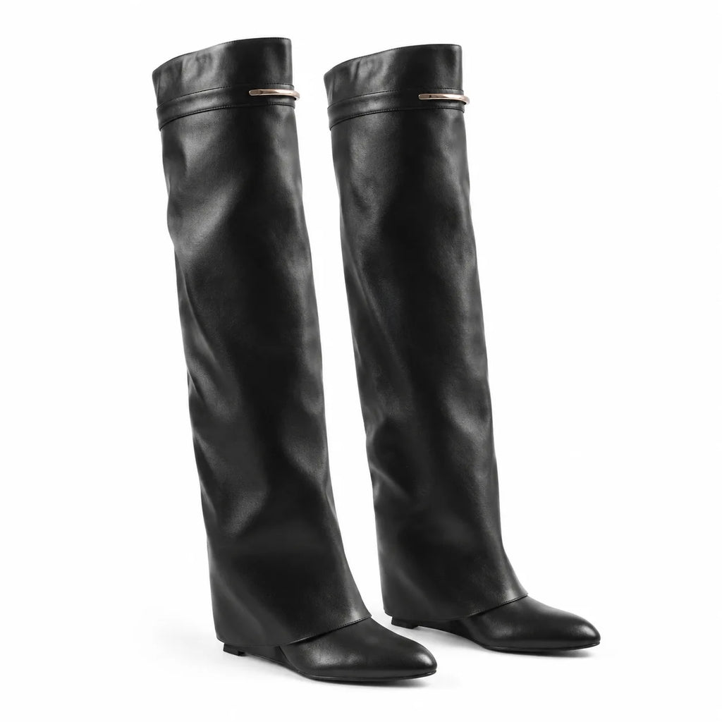 Deep Black Thasos Leather Wedge Boots