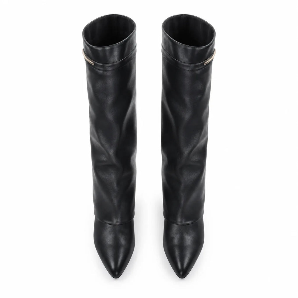 Deep Black Thasos Leather Wedge Boots top view
