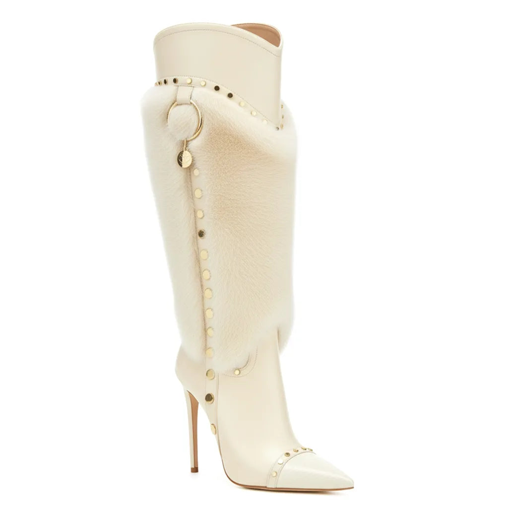 Cream Ivory Montepulciano Studded Stiletto Boots