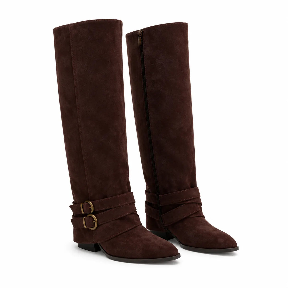 Dark Brown Suede Olhao Buckle Leather Boots