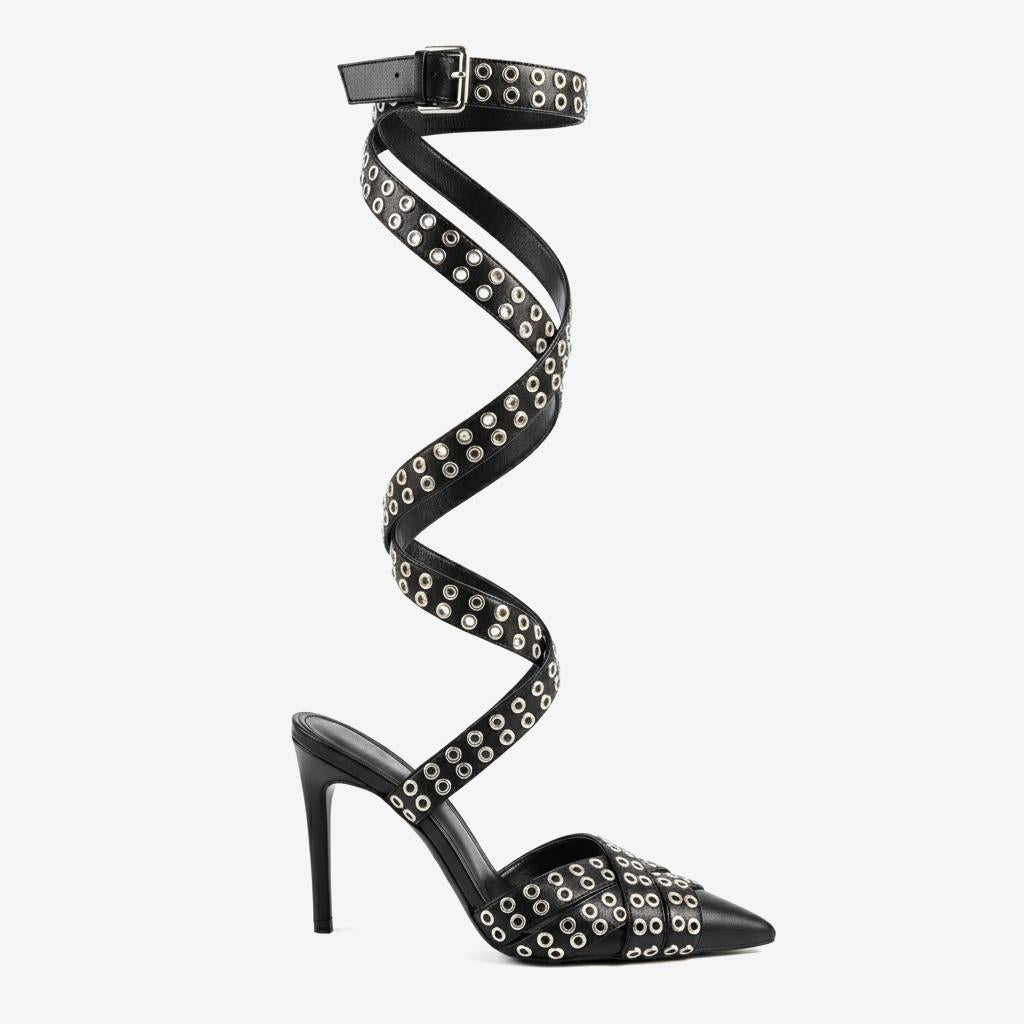 Deep Black Bobbio Leather Sandals side view