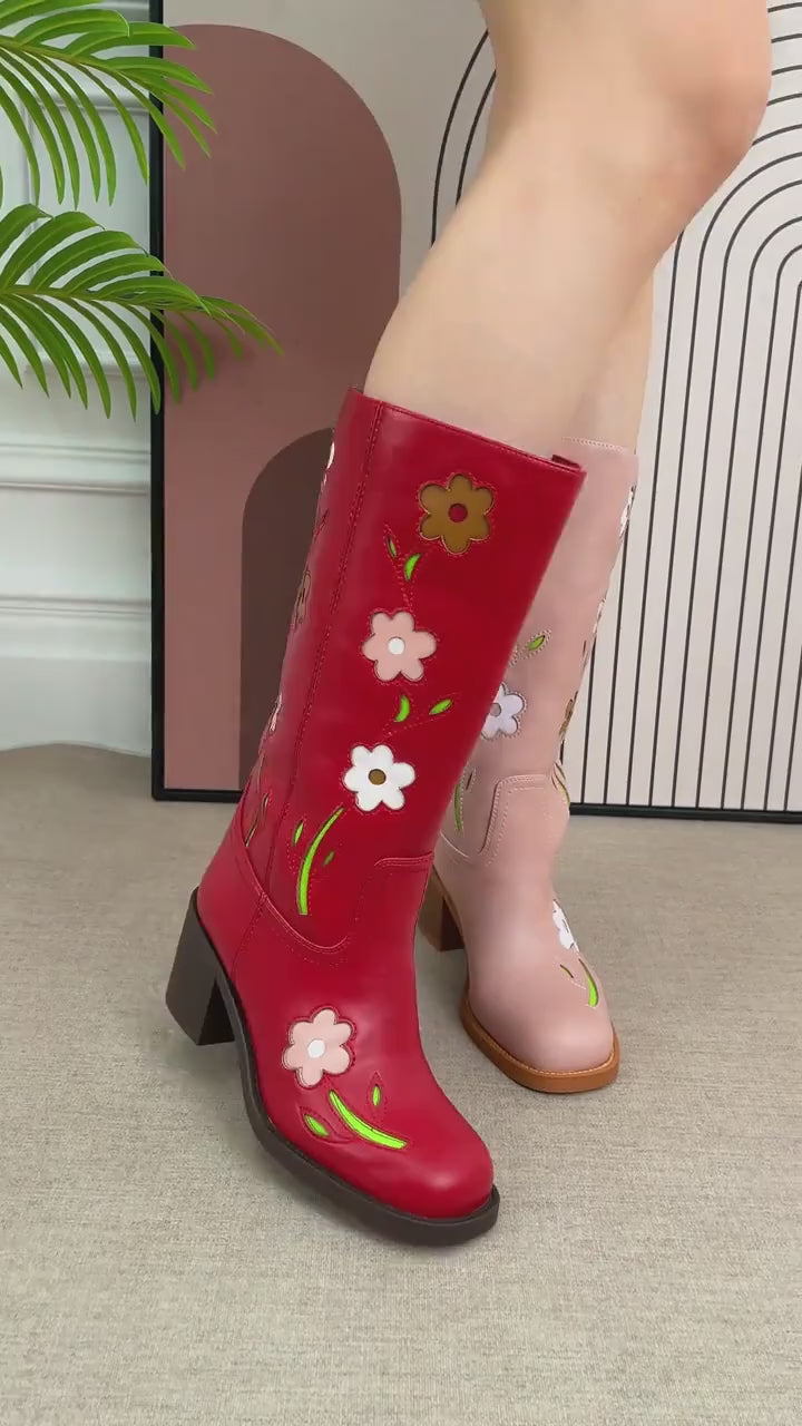 Cadaques floral knee-high boots worn on foot